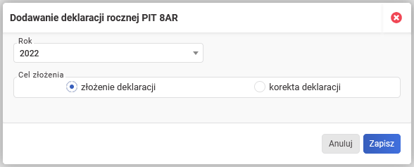 Zeznania roczne - dodawanie PIT-8AR