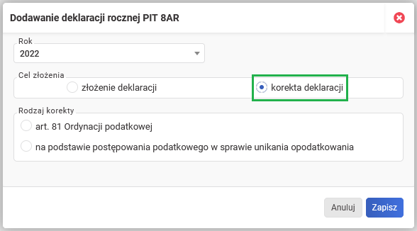 Zeznania roczne - korygowanie PIT-8AR