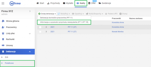Zeznania roczne - dodawanie IFT-1R