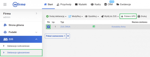 UPO dla deklaracji zgłoszniowych