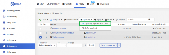 dokumenty w panelu epracownik - opublikuj