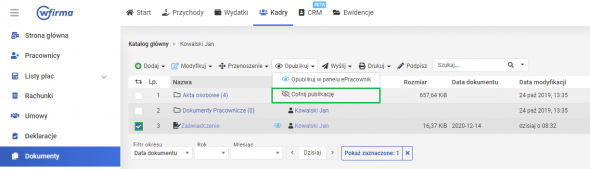 dokumenty w panelu epracownik - cofnięcie publikacji