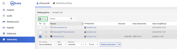 dokumenty w panelu epracownik - drukowanie przez pracownika
