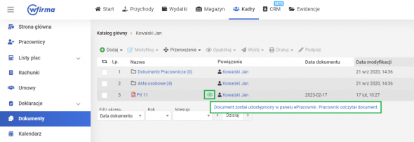 Dokumenty w panelu ePracownik - odczytany dokument