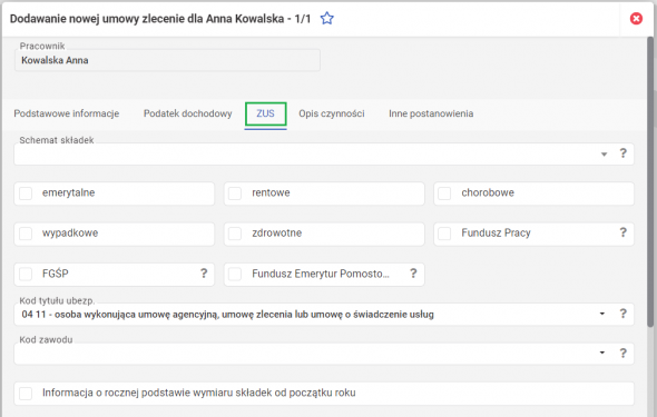 Dodawanie umowy zlecenie - parametry do składek ZUS