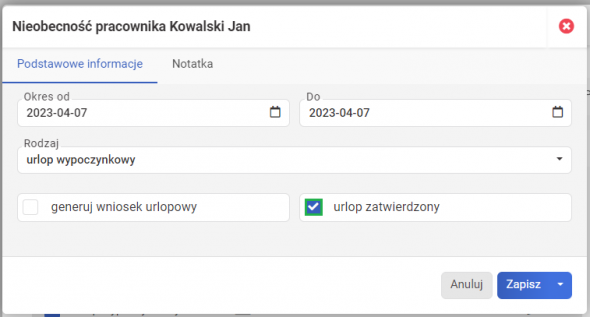 Akceptacja wniosku urlopowego pracownika przez pracodawcę - Modyfikuj