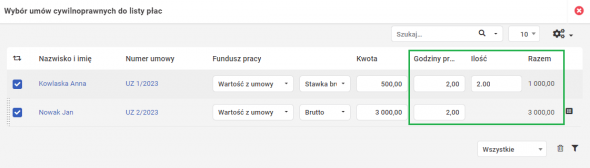 lista wypłat dla umów cywilnoprawnych - parametry dla umów