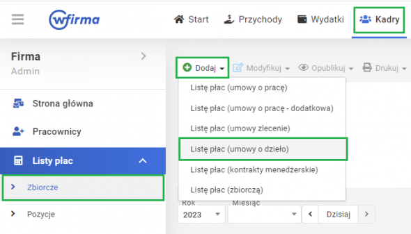 lista wypłat dla umów cywilnoprawnych - umowy o dzieło