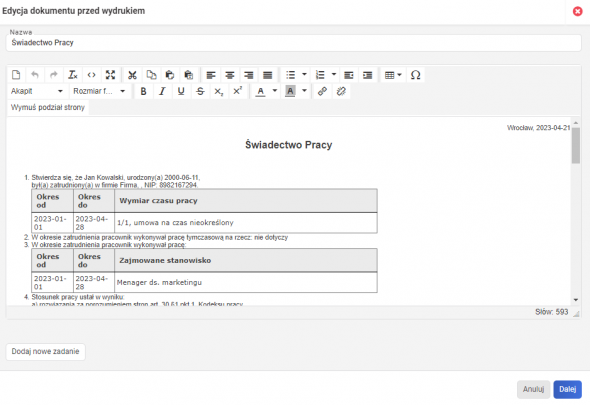 Świadectwo pracy - edycja świadectwa pracy
