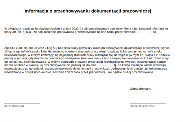 Świadectwo pracy - informacja do świadectwa pracy