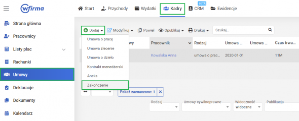 Zakończenie umowy o pracę w systemie wfirma.pl - dodawanie zakończenia