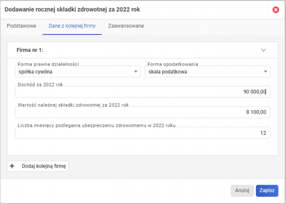 Roczne rozliczenie składki zdrowotnej - dane z kolejne firmy
