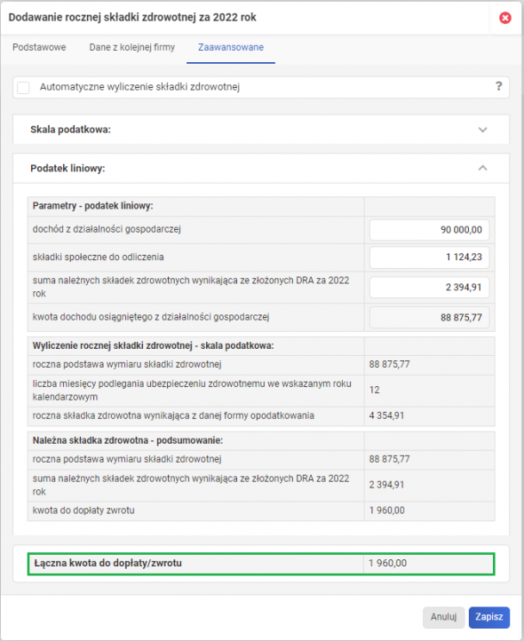 Roczne rozliczenie składki zdrowotnej - kwota do dopłaty/zwrotu