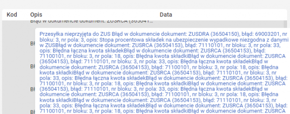 Komunikaty o błędach w deklaracji ZUS DRA