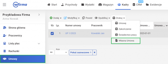 Własny szablon umowy o pracę - drukowanie nowszego szablonu