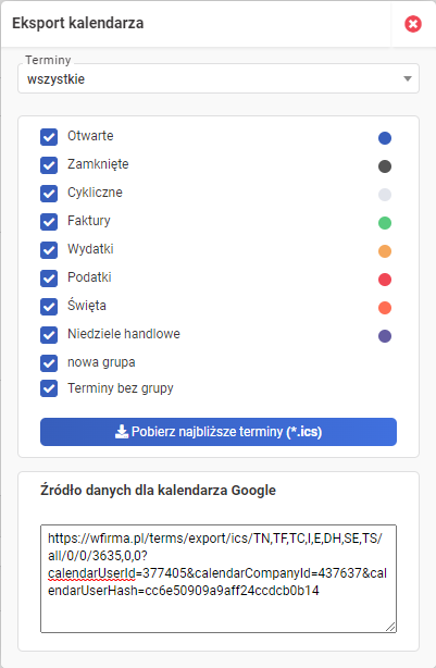 Eksport terminów - Eksport kalendarza