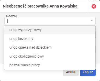 Wniosek urlopowy w Panelu ePracownik - rodzaje urlopów