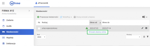 Wniosek urlopowy w Panelu ePracownik - Zaakceptowany wniosek