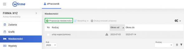 Wniosek urlopowy w Panelu ePracownik - Propozycja nieobecności