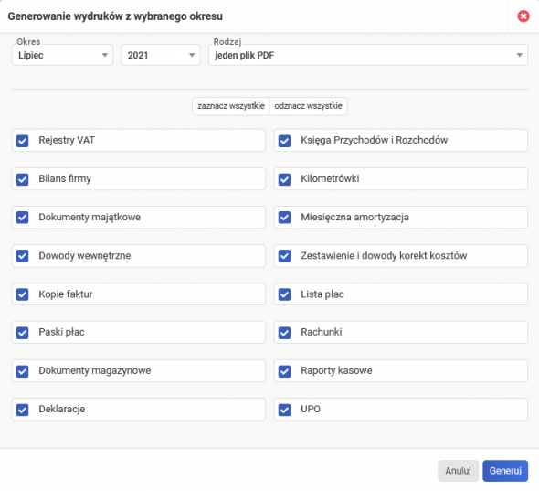 Zbiorcze generowanie wydruków w systemie wfirma.pl