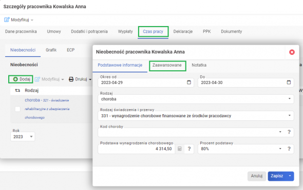 Rozliczenie choroby na liście płac za kolejny miesiąc - dodawanie nieobecności