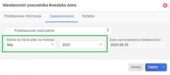 Rozliczenie choroby na liście płac za kolejny miesiąc - wybranie miesiaca