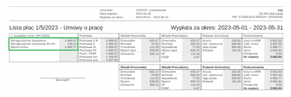 Rozliczenie choroby na liście płac za kolejny miesiąc - podgląd listy płac