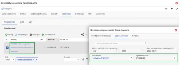 Rozliczenie choroby na liście płac za kolejny miesiąc - podgląd