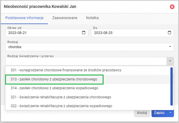 Rozliczanie zasiłków - Kod choroby