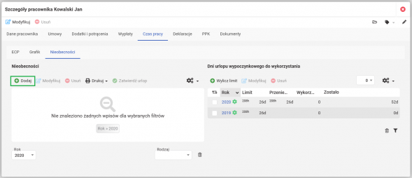 Wprowadzenie nieobecności w szczegółach pracownika