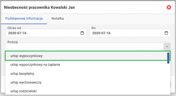 Wprowadzenie nieobecności - określenie rodzaju nieobecności