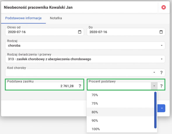 Wprowadzenie nieobecności - określenie podstawy chorobowego