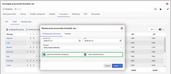 Wprowadzenie nieobecności - urlop wypoczynkowy