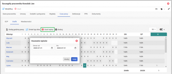 Wprowadzenie nieobecności - opcja usuwania nieobecności z grafiku