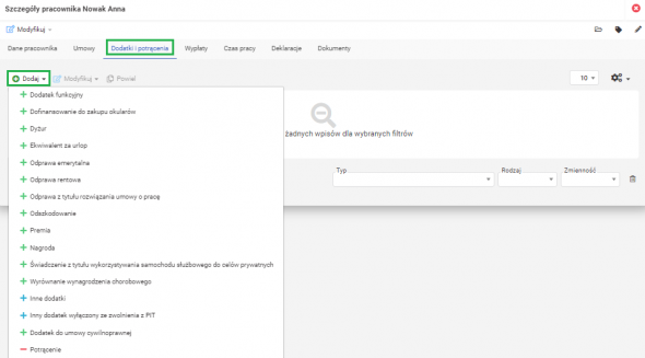 Dodatki i potrącenia - dodawanie