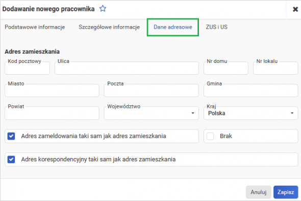 Dodawanie nowego pracownika - adresy
