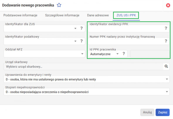 Dodawanie nowego pracownika w module kadry - zakładka ZUS, US, PPK