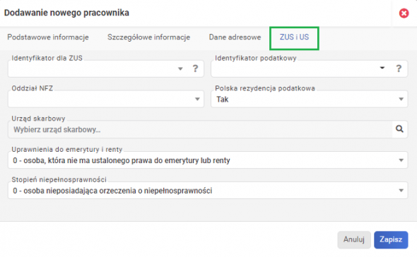 Dodawanie nowego pracownika w systemie wFirma.pl - zakładka ZUS i US