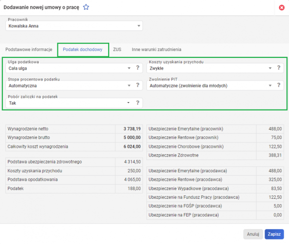 Dodawanie umowy o pracę - podatek dochodowy