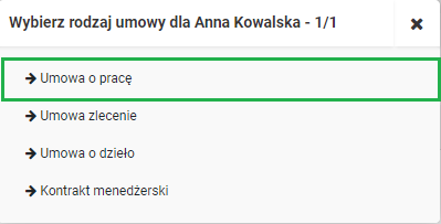 Dodawanie umowy o pracę w systemie wFirma.pl - wybór rodzaju umowy