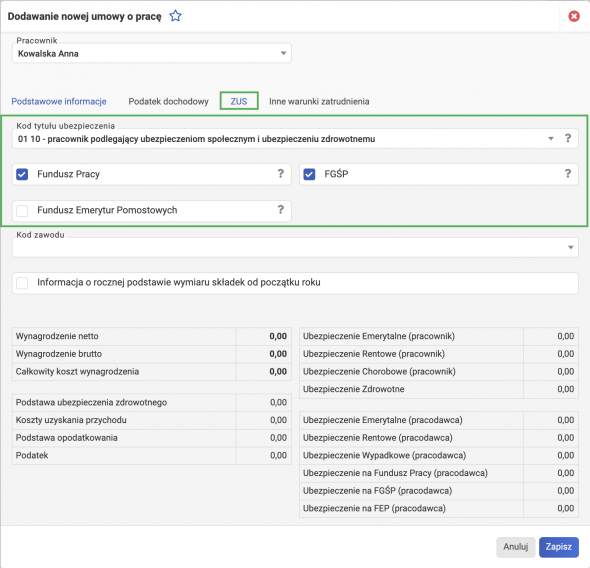 Dodawanie umowy o pracę - ZUS