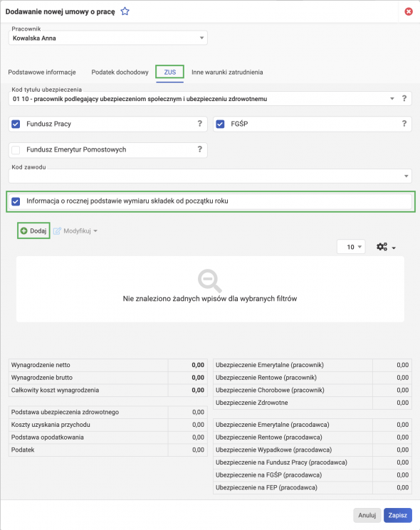 Dodawanie umowy o pracę - podstawa składek z innych tytułów