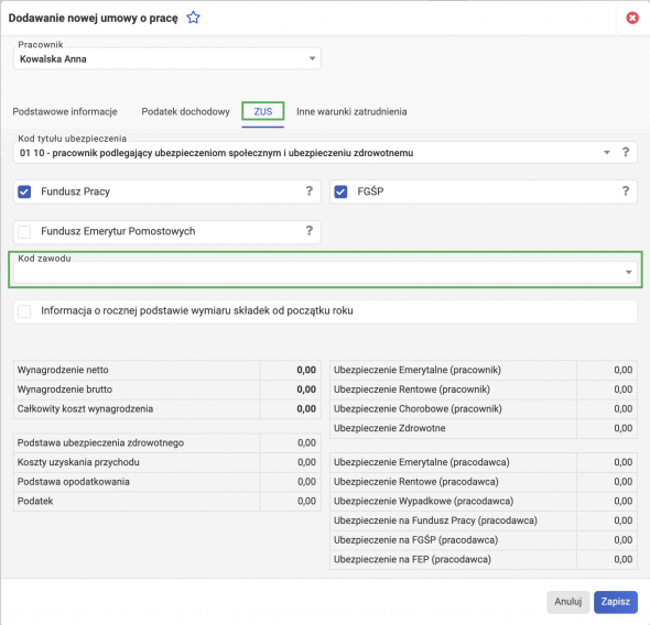 Dodawanie umowy o pracę - kod zawodu