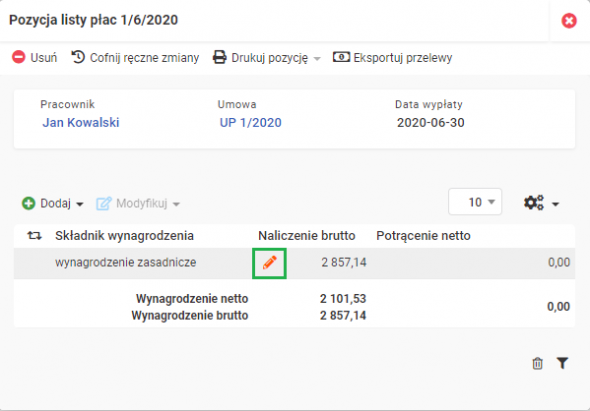 Pozycje listy płac - Edycja składnika