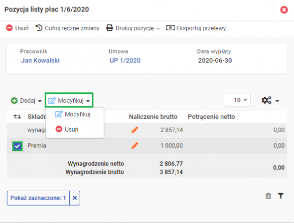 Pozycje listy płac - Modyfikacja składnika