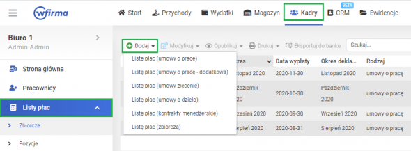 Pozycje listy płac - Dodawanie list płac