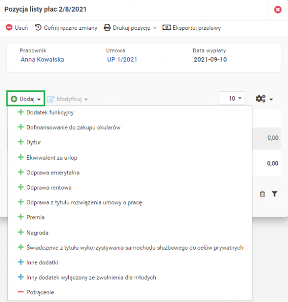 Pozycje listy płac - Wprowadzanie dodatku