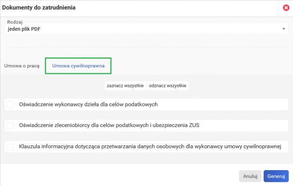 Proces zatrudnienia - dokumenty do zatrudnienia umowy cywilnoprawne