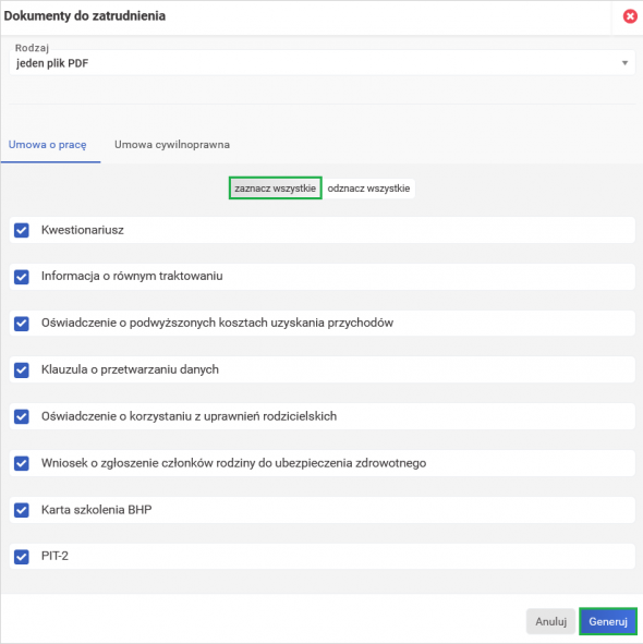 Proces zatrudnienia - Opcja zaznacz wszystkie dokumenty