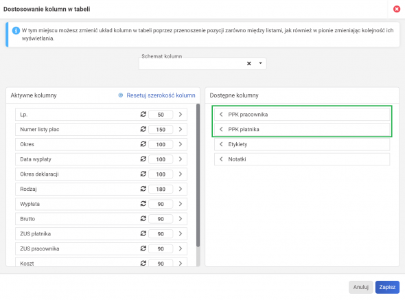 PPK - dostosowanie kolumn